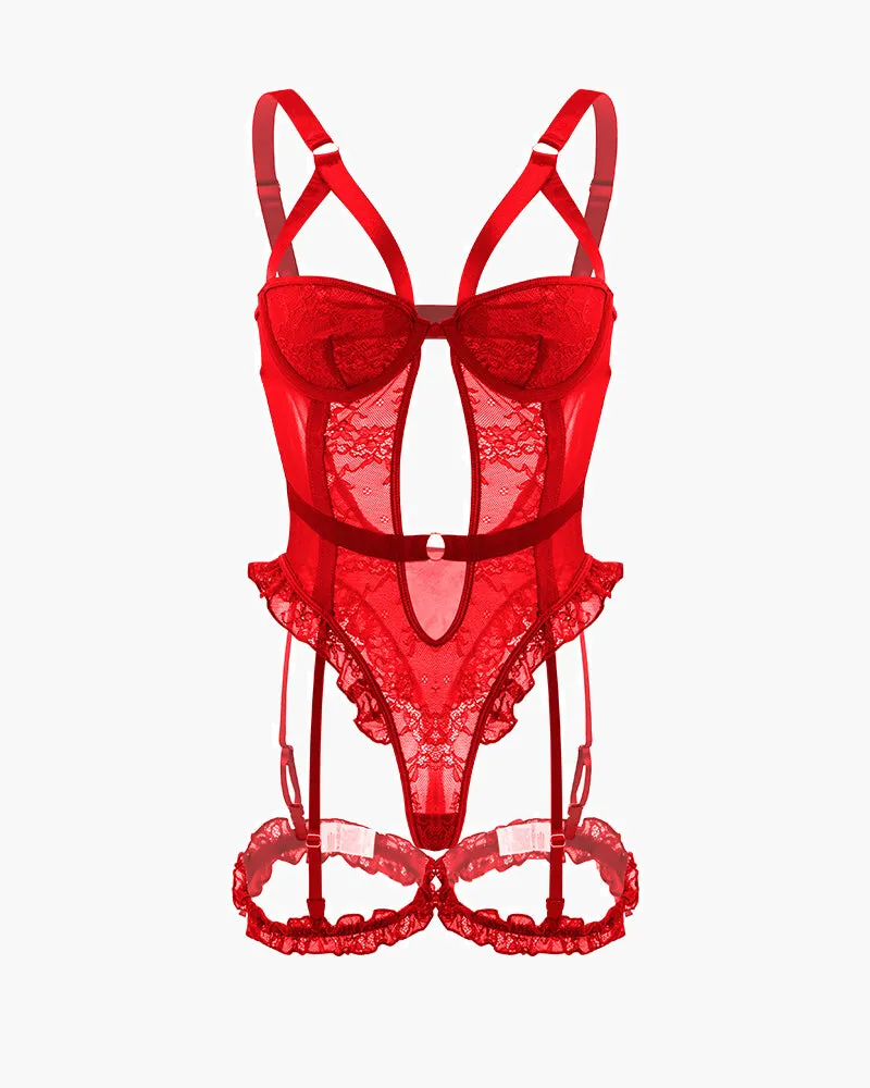 Backless Lace Garter Teddy With Leg Rings