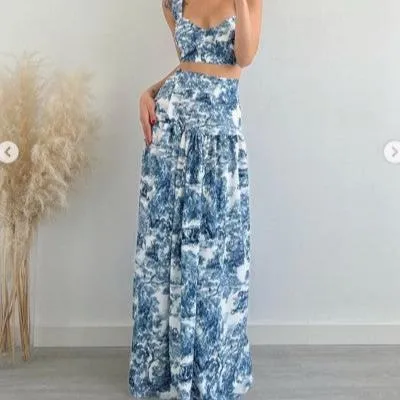 Blue Floral Print Retro Style Bikini Two Piece Swim Suit With Swing Skirt By Sinderella