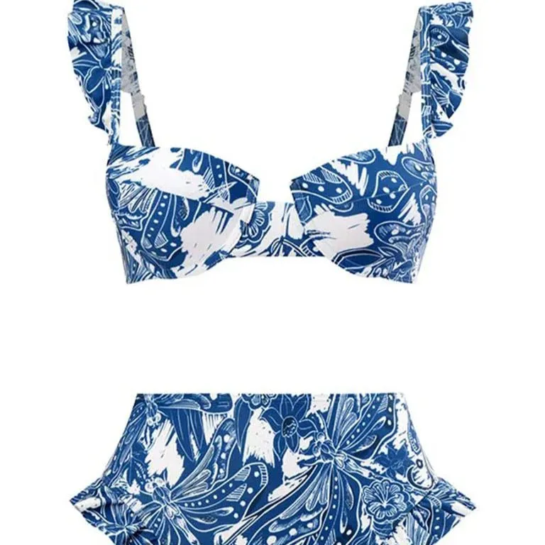 Blue Floral Print Retro Style Bikini Two Piece Swim Suit With Swing Skirt By Sinderella