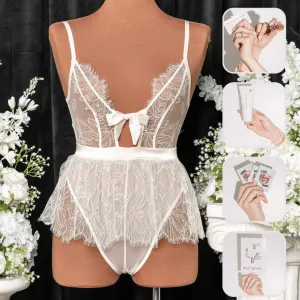 Bridal Bundle: Eyelash Lace Crotchless Teddy - Pearl
