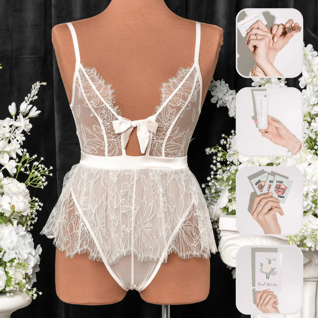 Bridal Bundle: Eyelash Lace Crotchless Teddy - Pearl