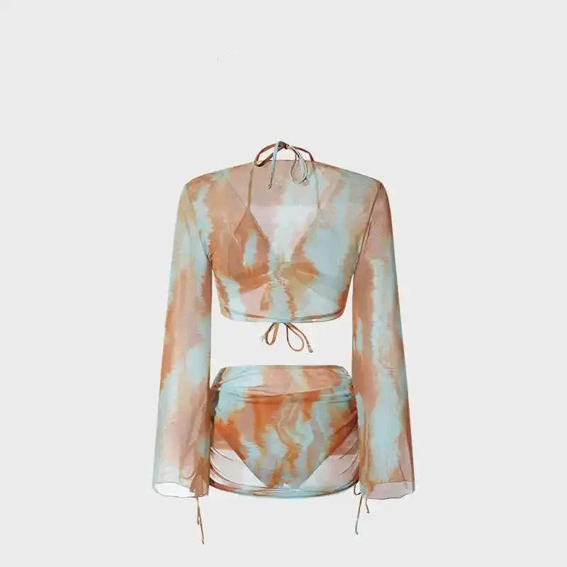 Dual Color Two Piece Tie Bikini With Shrug And Ruched Skirt Coverup By Sinderella