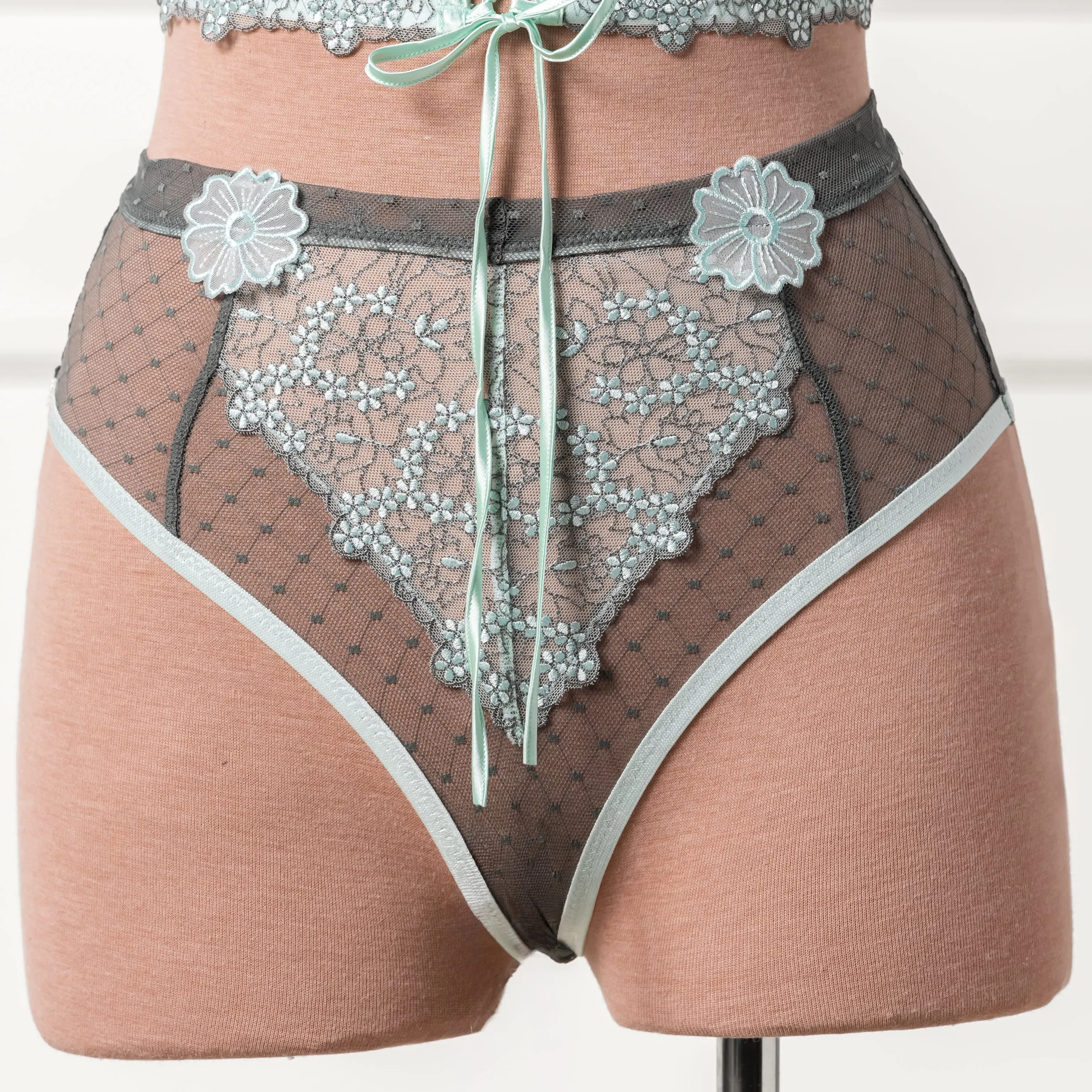 Embroidered High Waist Backless Panty - Mint Julep
