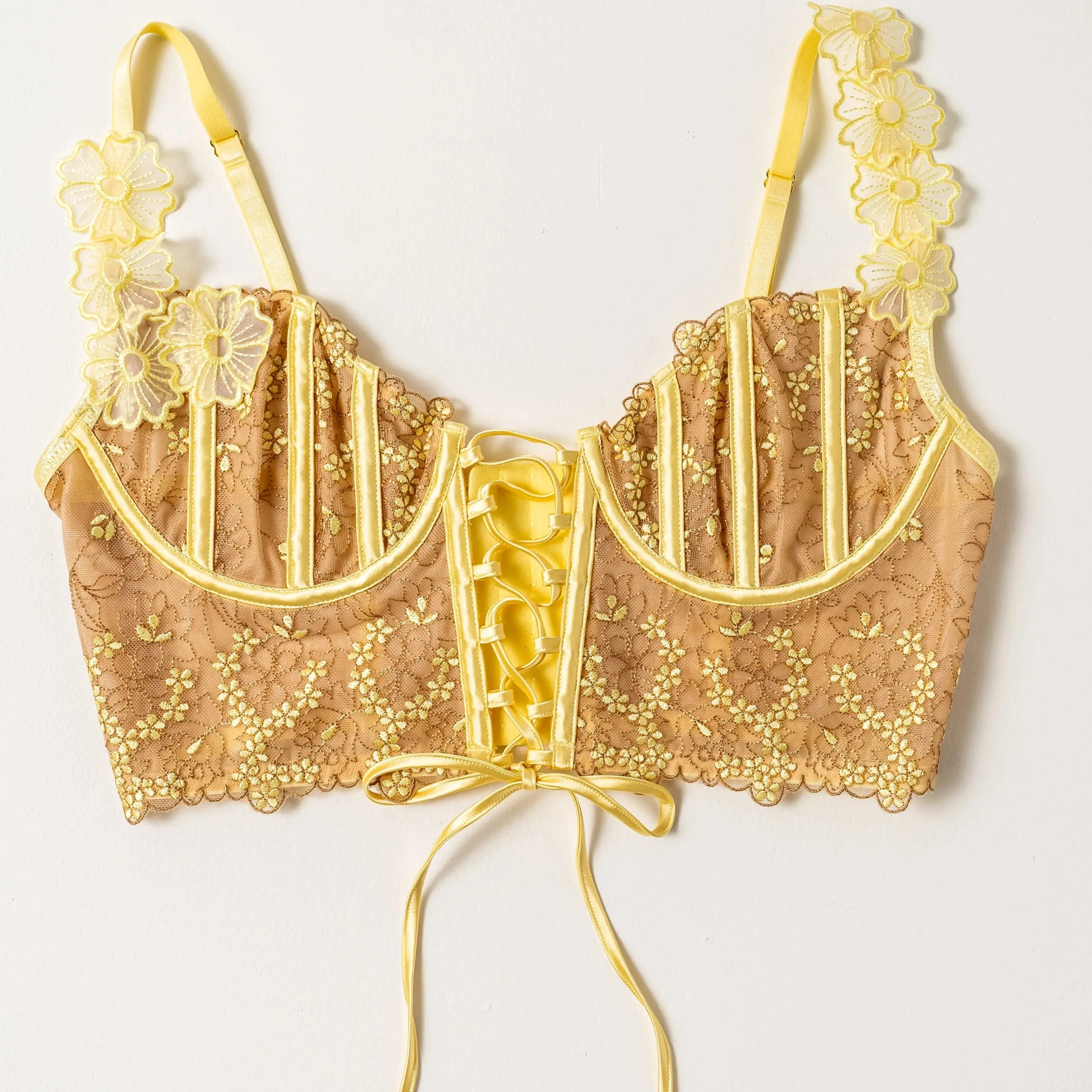 Embroidered Underwire Lace-Up Corset - Lemon Chiffon