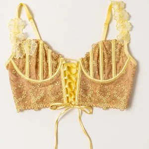Embroidered Underwire Lace-Up Corset - Lemon Chiffon