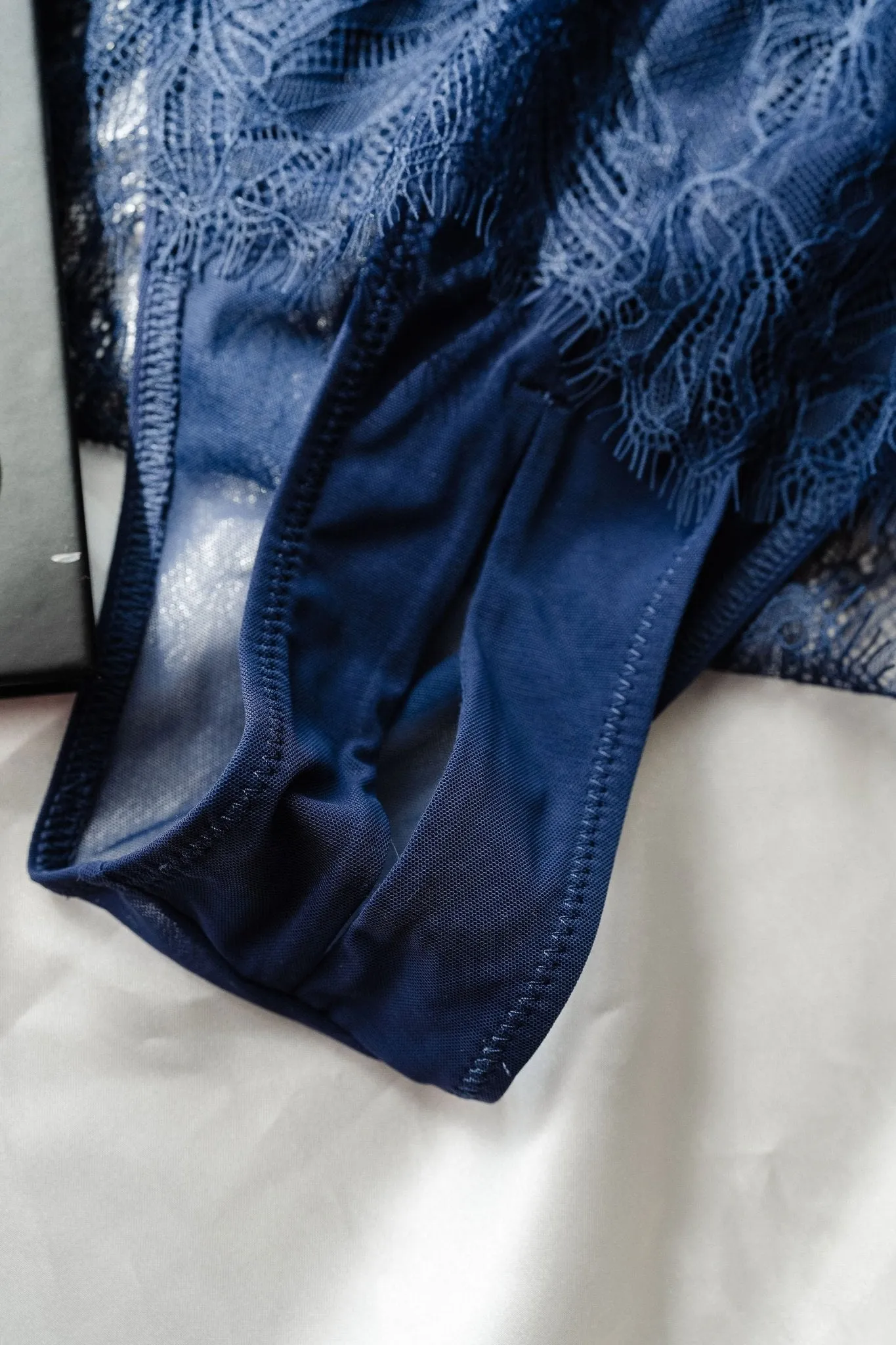 Eyelash Lace Crotchless Teddy - Navy