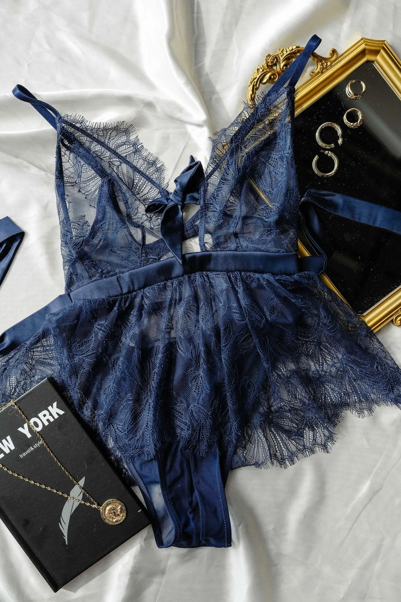 Eyelash Lace Crotchless Teddy - Navy