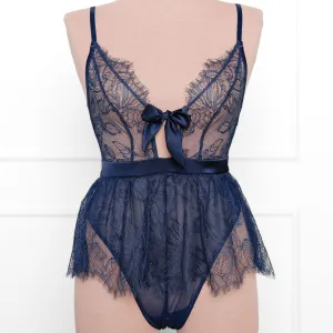 Eyelash Lace Crotchless Teddy - Navy