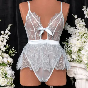 Eyelash Lace Crotchless Teddy - Something Blue