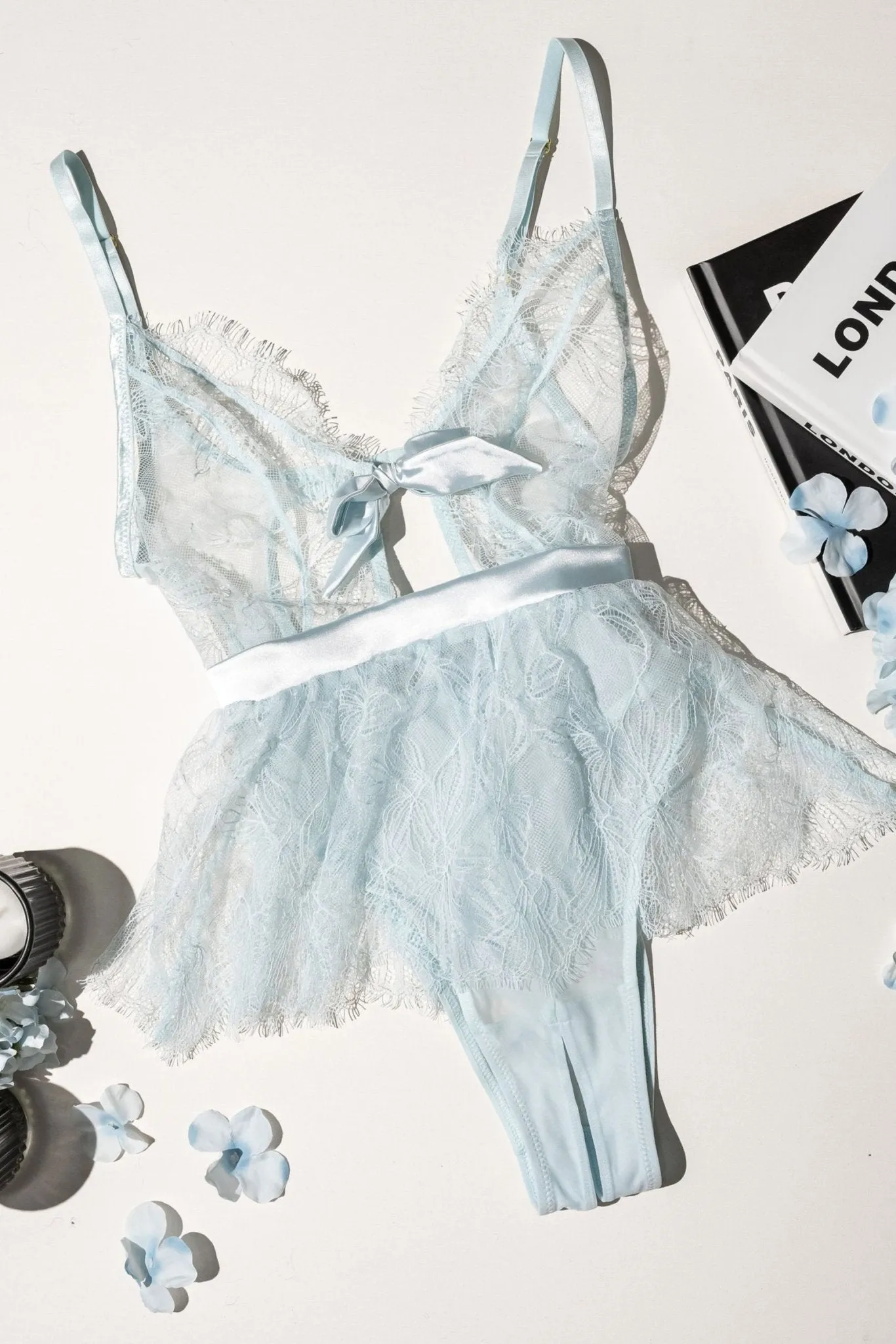 Eyelash Lace Crotchless Teddy - Something Blue