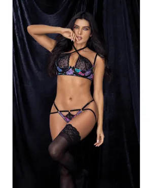 Flower Print & Lace Halter Underwire Top & Open Back Panty Multi Color
