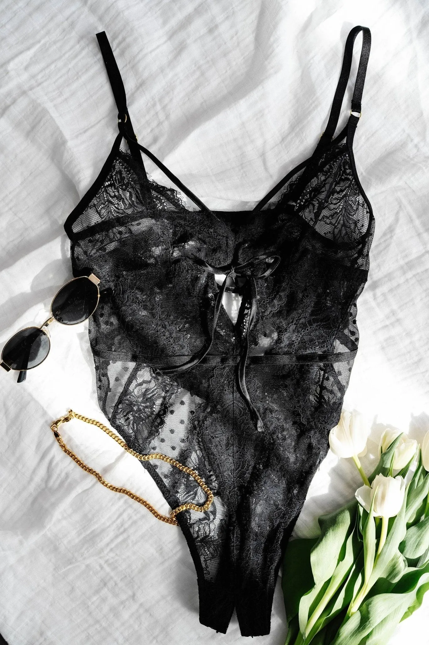 Lacy Crotchless Polka Dot Teddy - Black