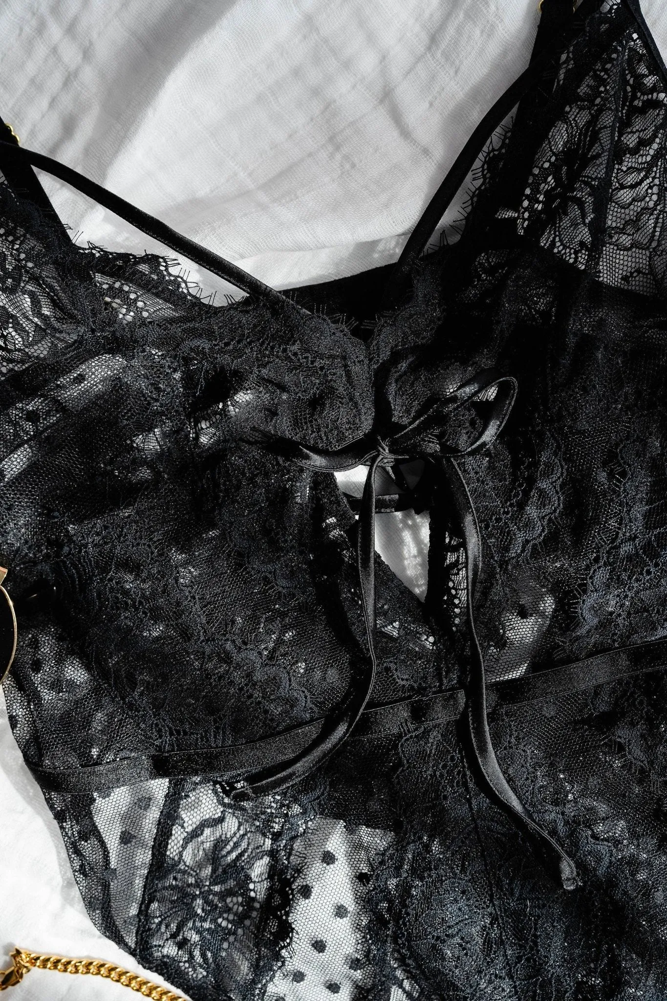 Lacy Crotchless Polka Dot Teddy - Black