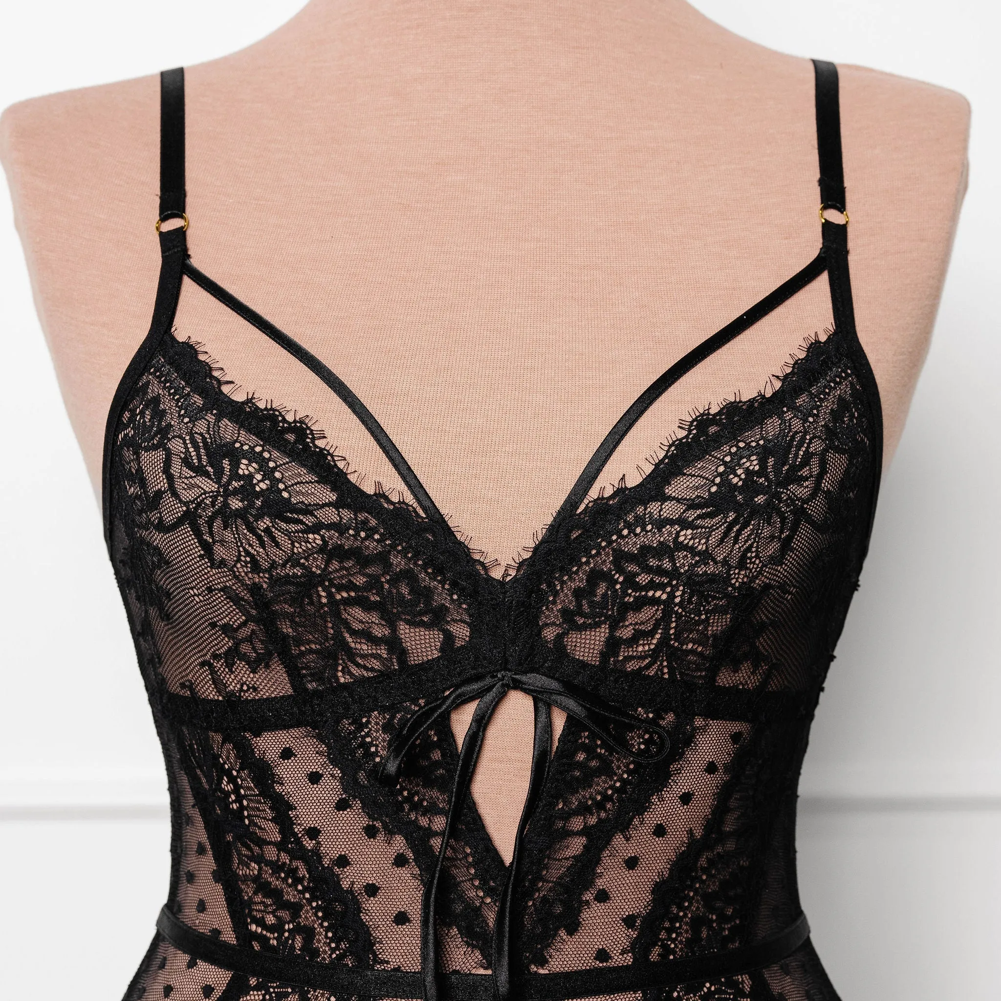 Lacy Crotchless Polka Dot Teddy - Black