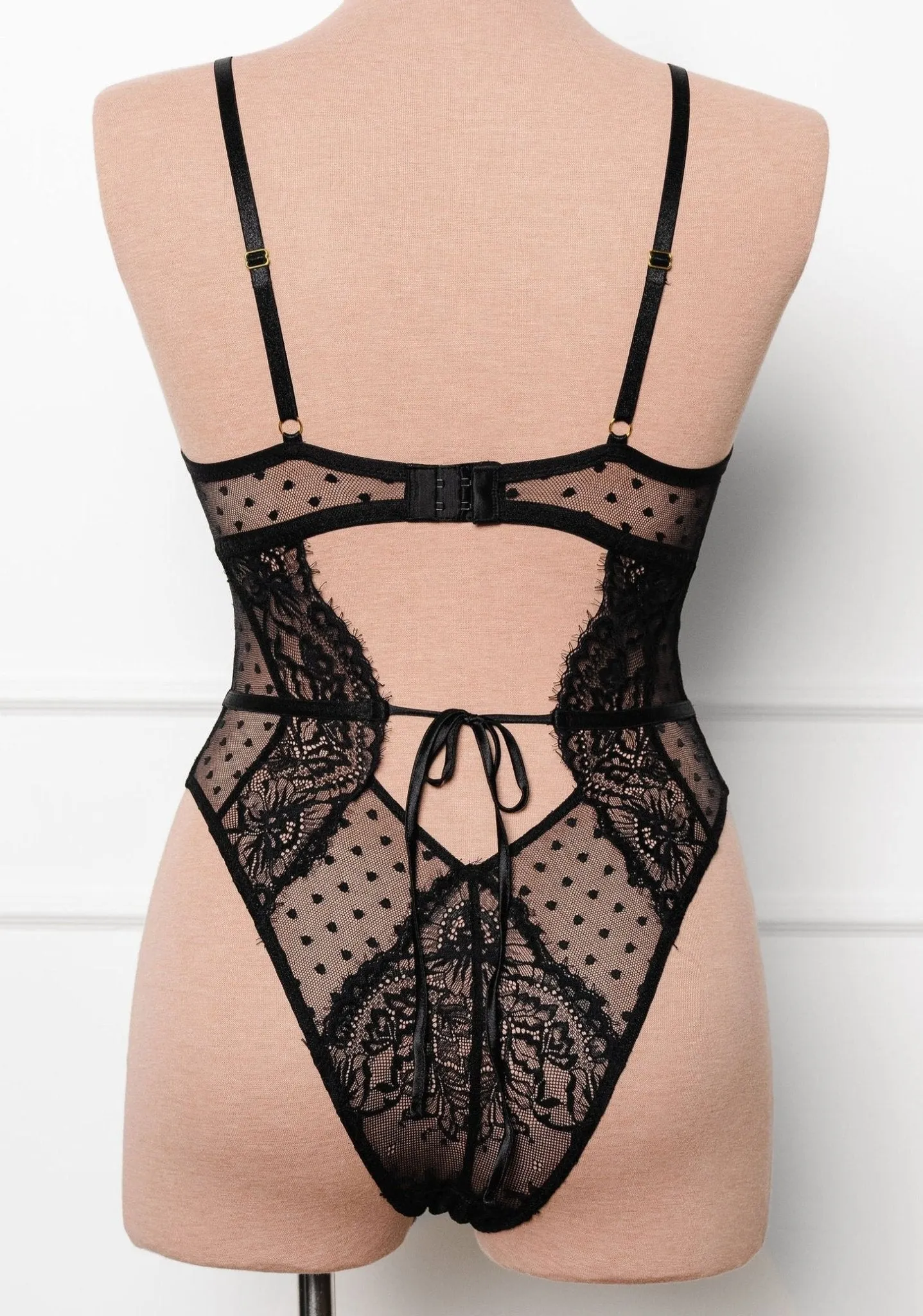 Lacy Crotchless Polka Dot Teddy - Black