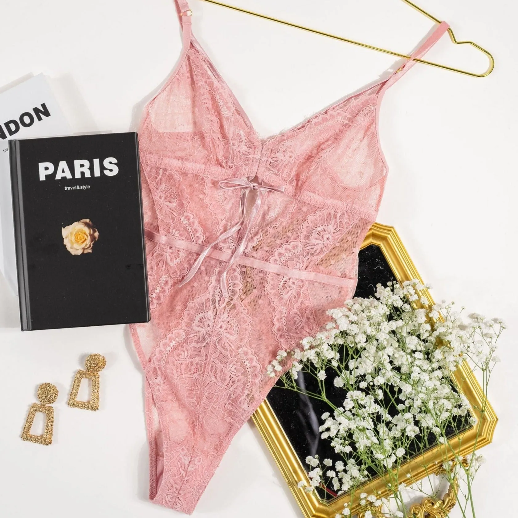 Lacy Crotchless Polka Dot Teddy - Blush