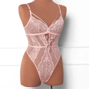 Lacy Crotchless Polka Dot Teddy - Blush
