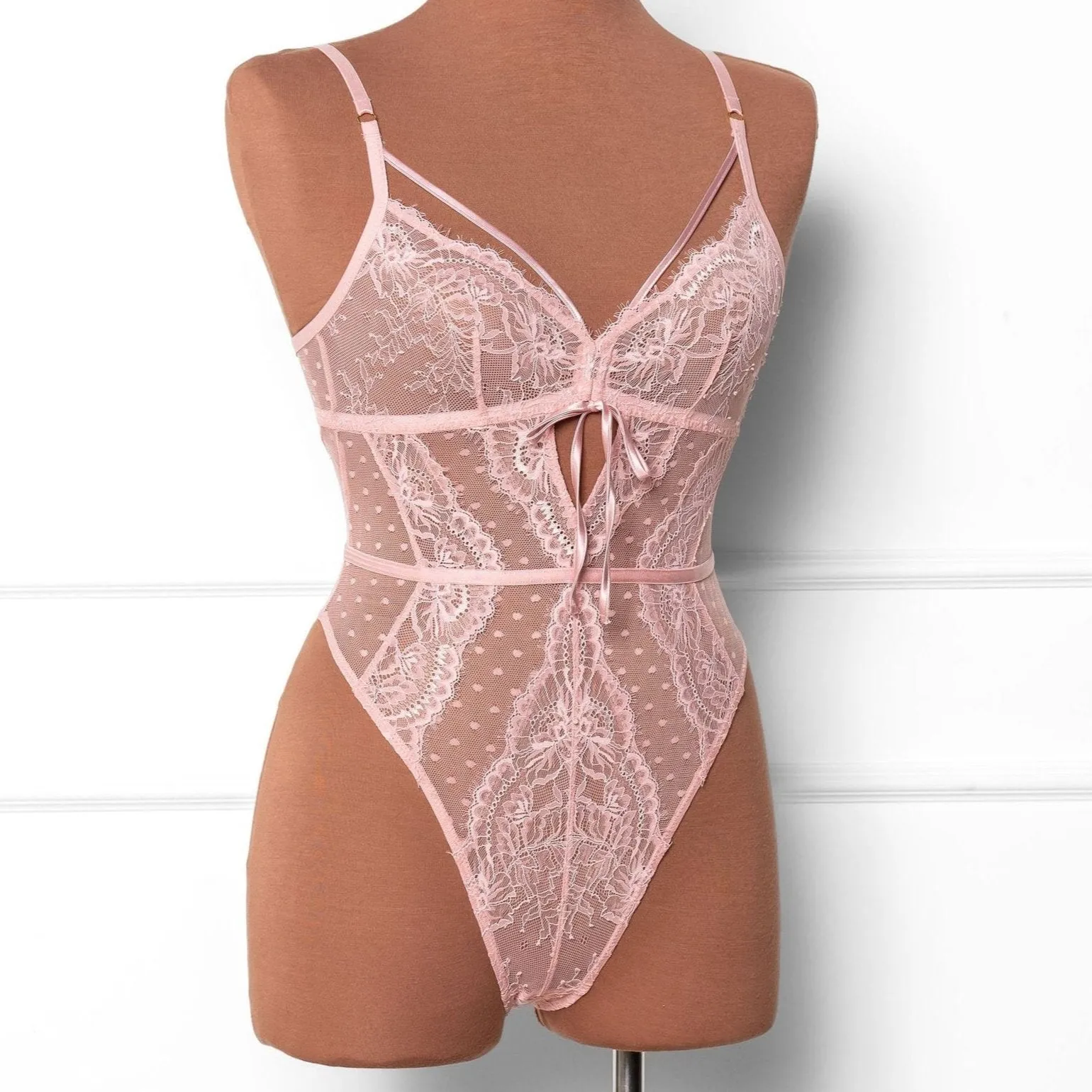 Lacy Crotchless Polka Dot Teddy - Blush