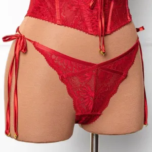 Lacy Heart Charm Side Tie Panty - Red