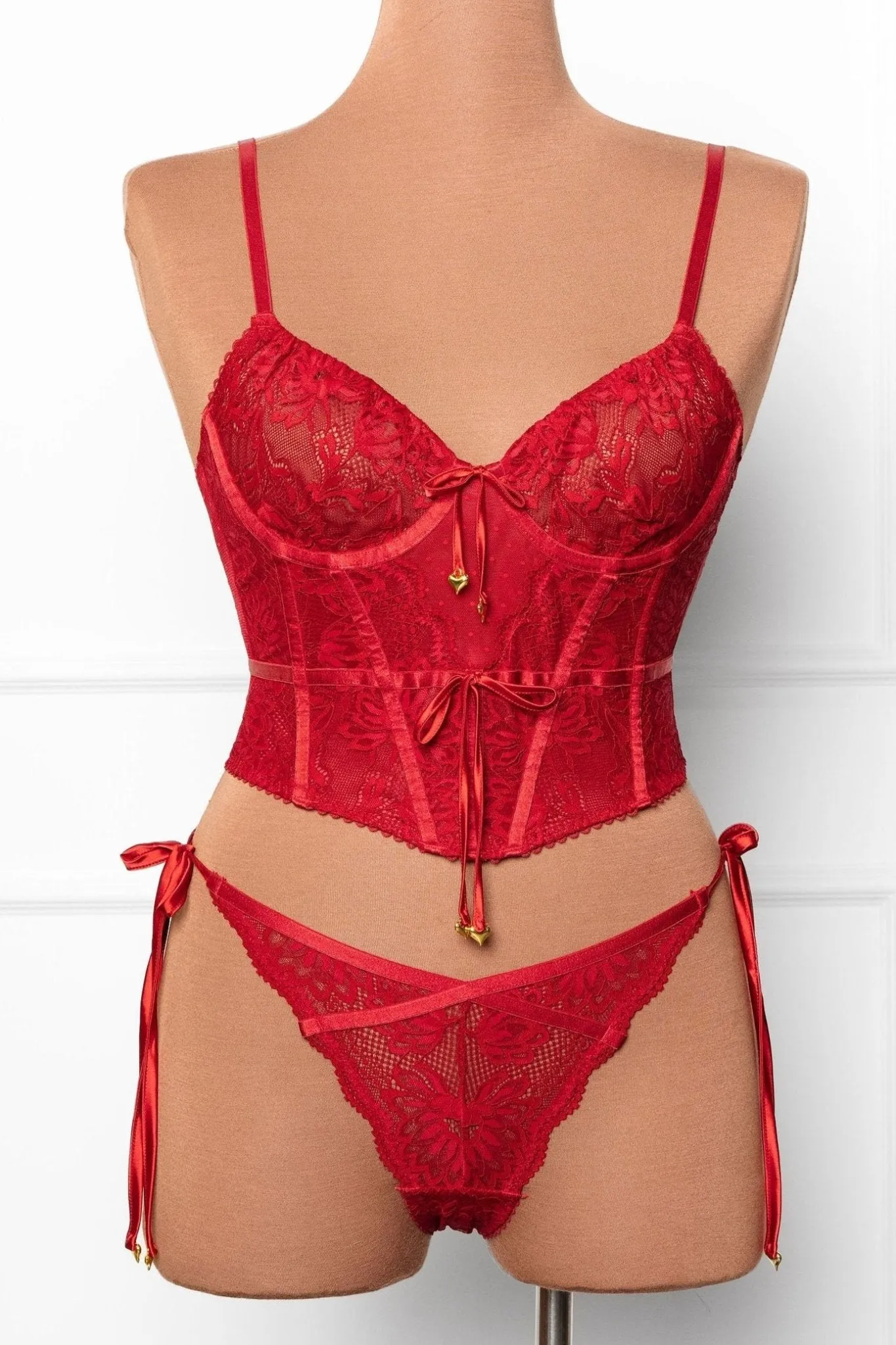 Lacy Heart Charm Side Tie Panty - Red
