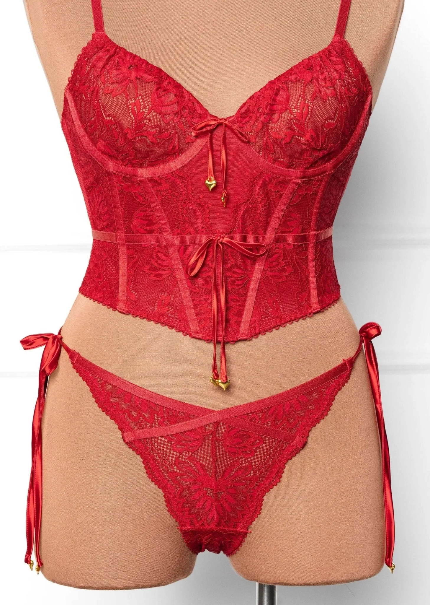 Lacy Heart Charm Side Tie Panty - Red