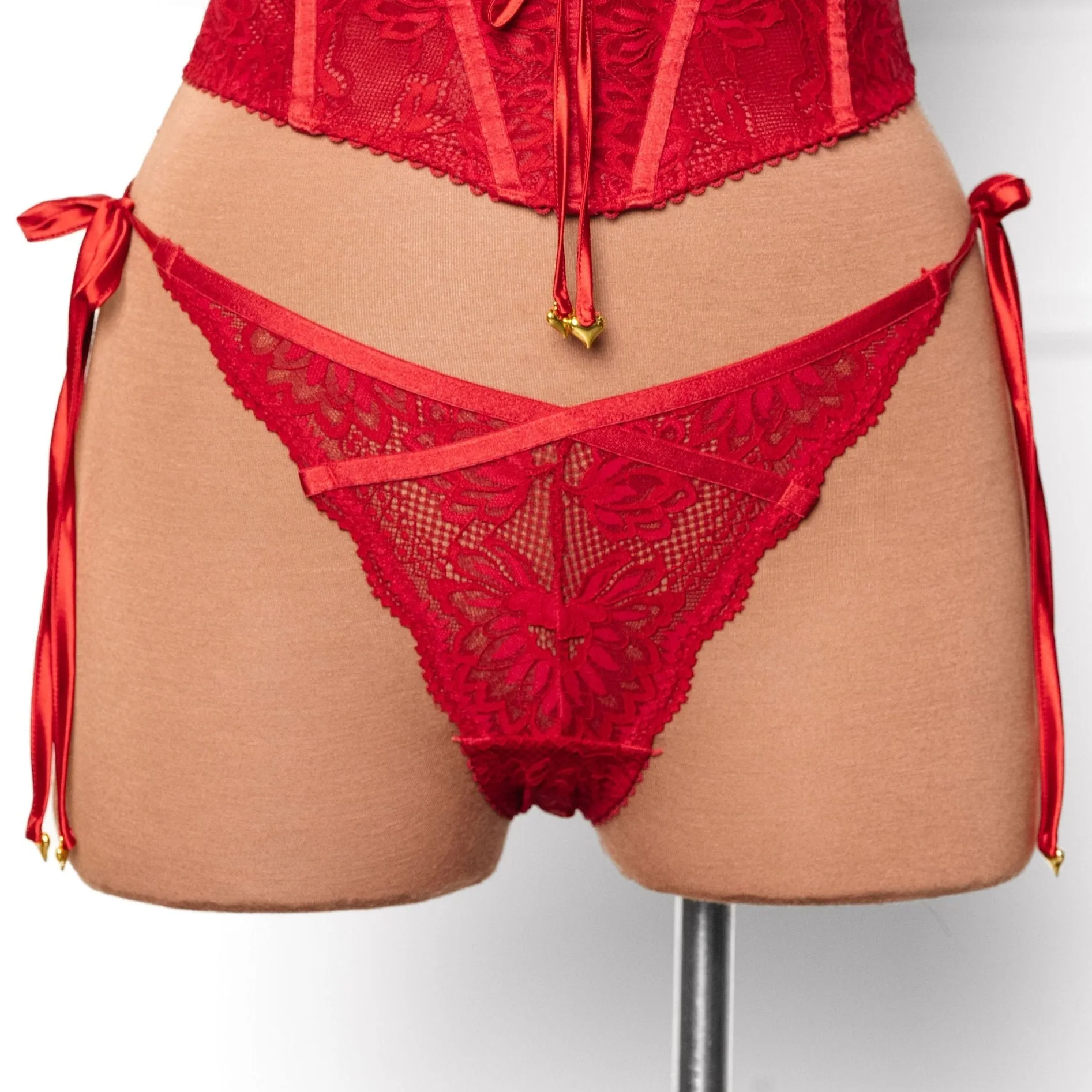 Lacy Heart Charm Side Tie Panty - Red