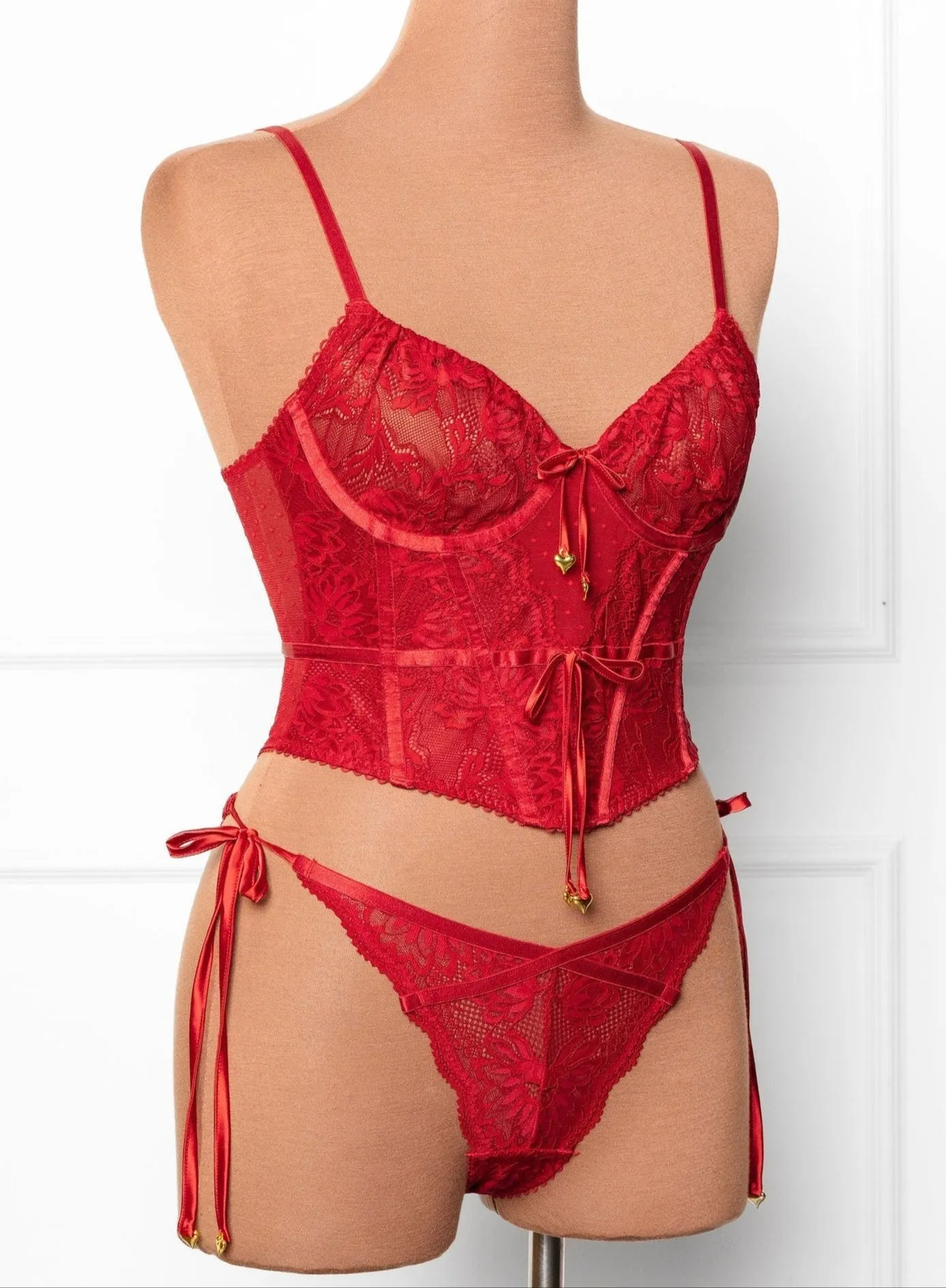 Lacy Heart Charm Side Tie Panty - Red