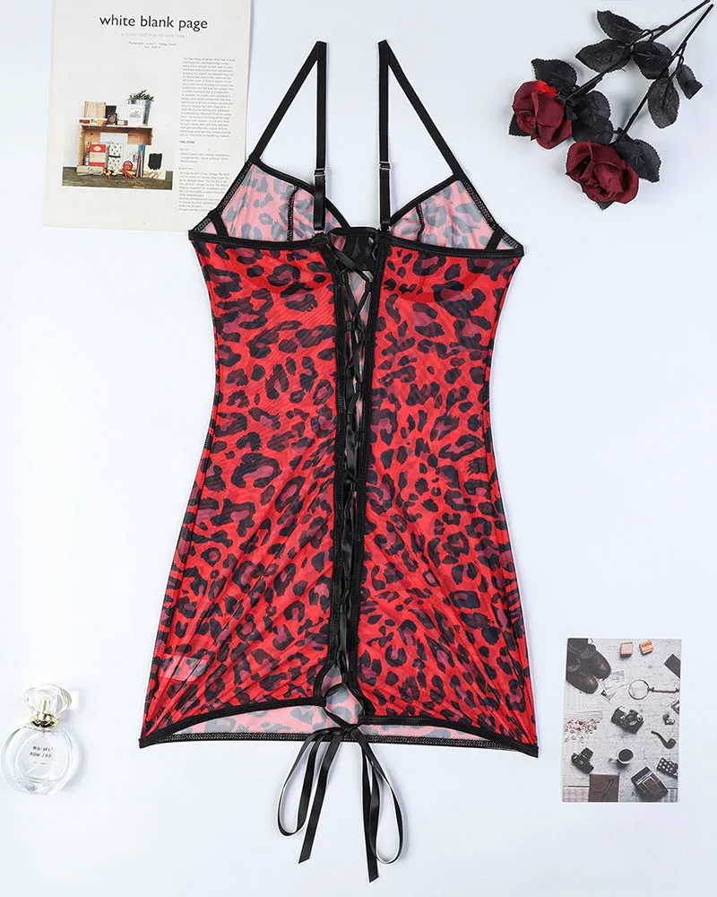 Leopard Backless Lace Up Mini Dress