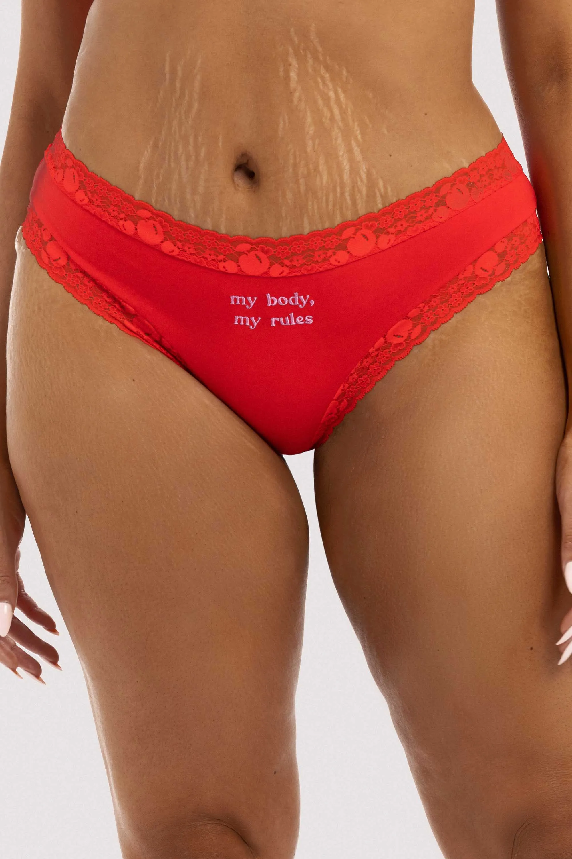 My Body. My Rules Red Embroidered Brief