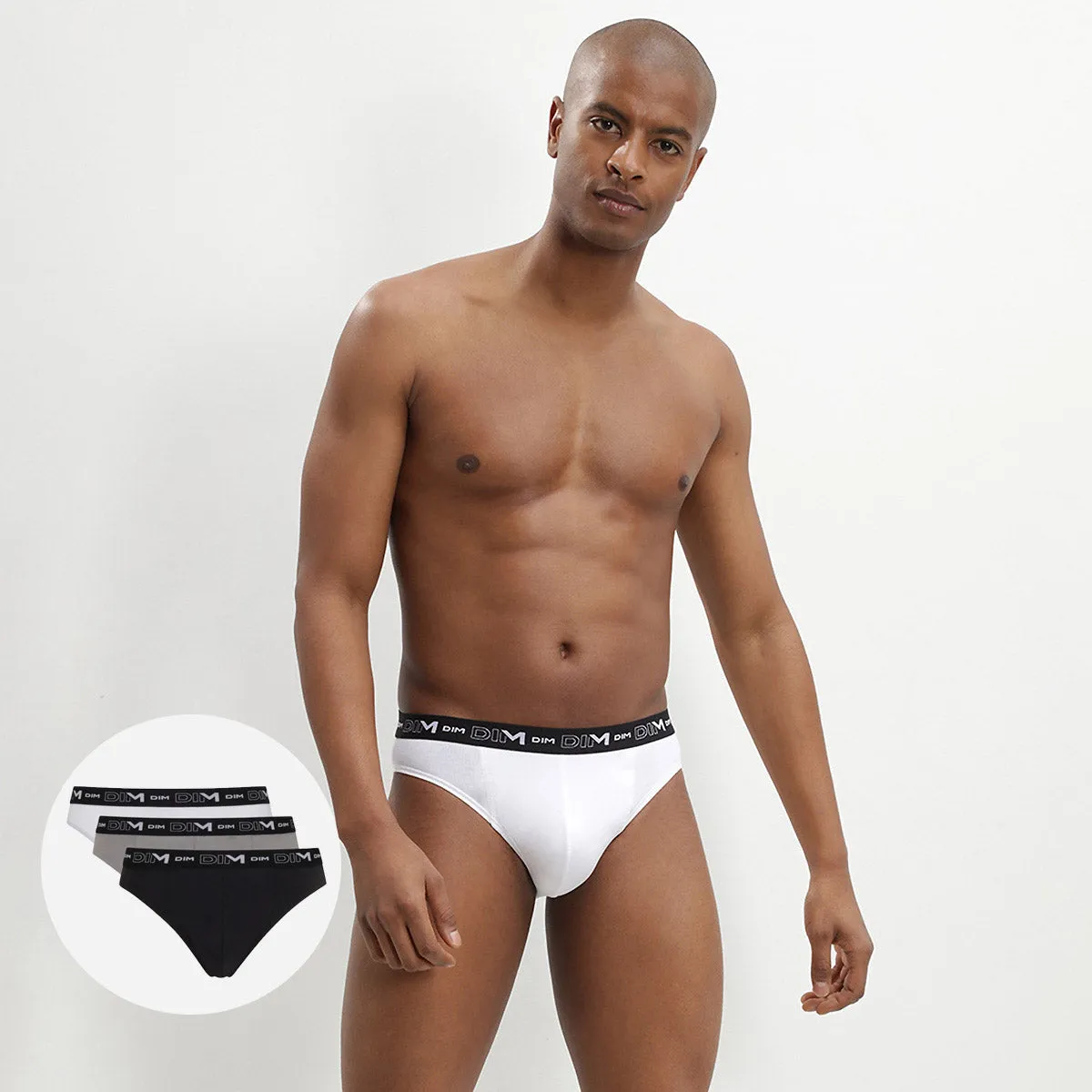 Pack of 3 pairs of black. grey and white stretch cotton briefs for men