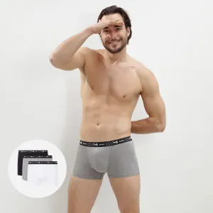 Pack of 3 pairs of black. grey and white stretch cotton trunks for men
