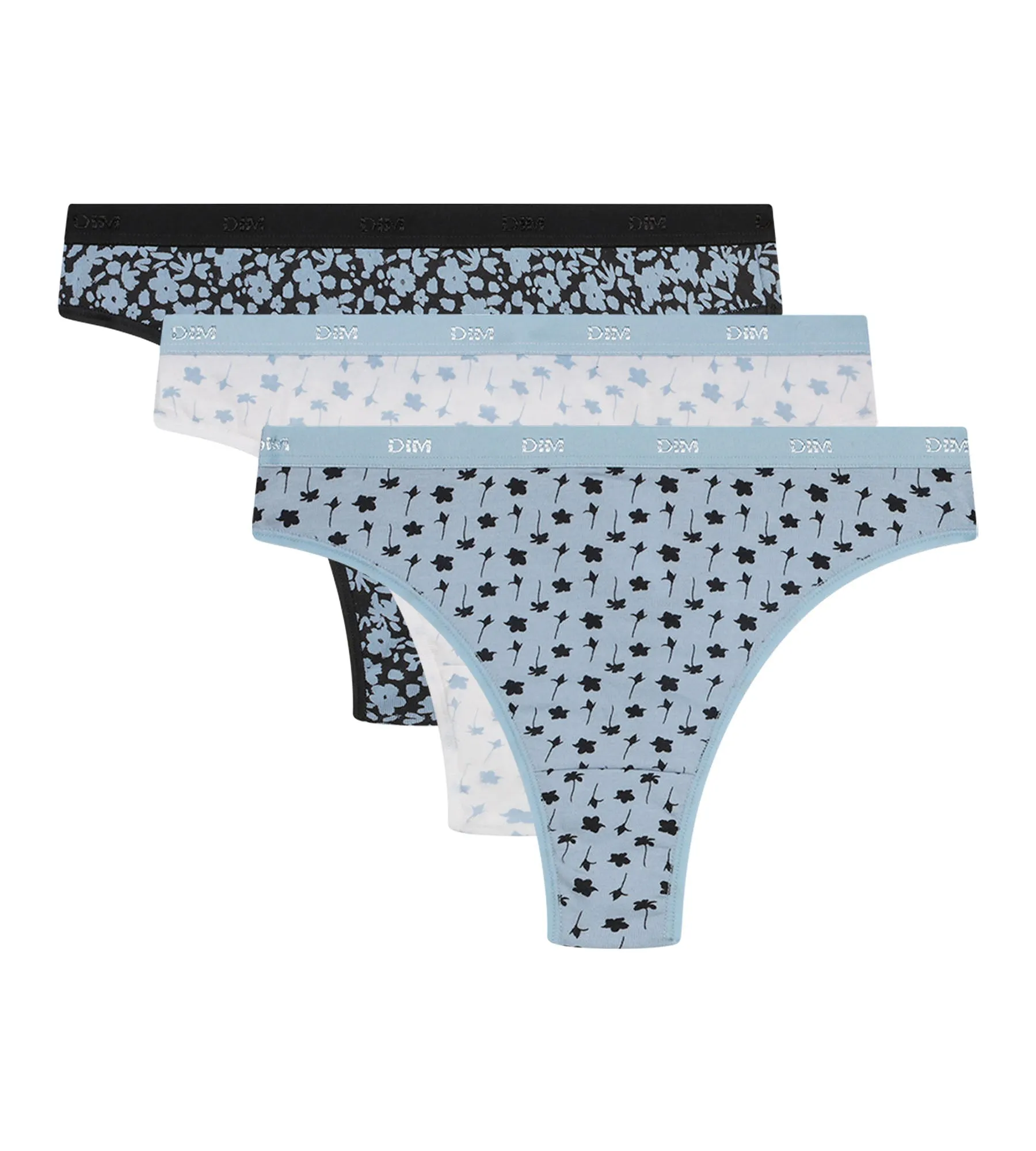 Pack of 3 stretch cotton thongs for women. blue-grey with flowers Les Pockets