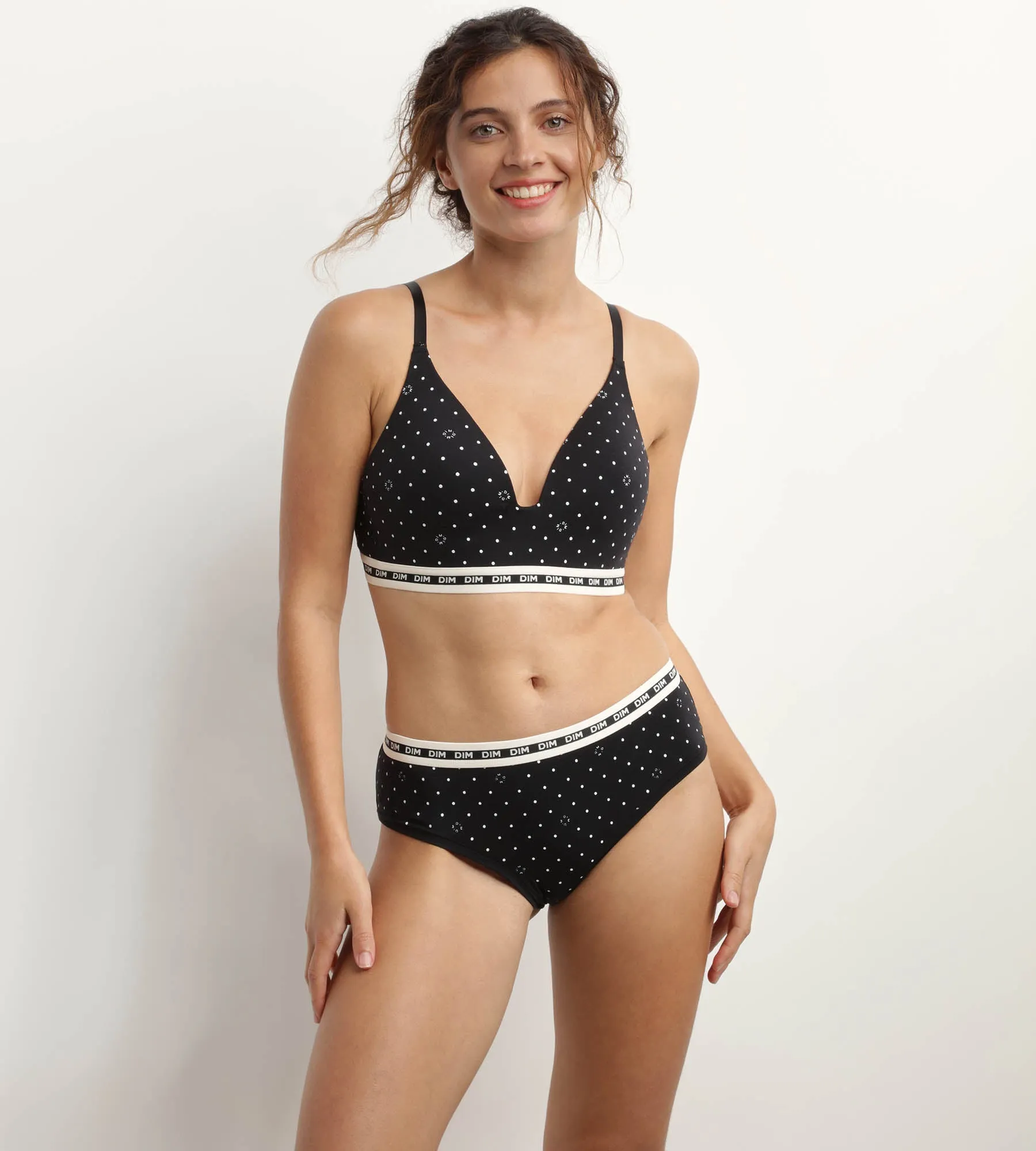 Padded triangle bra in modal cotton Black with polka dots Dim Icon
