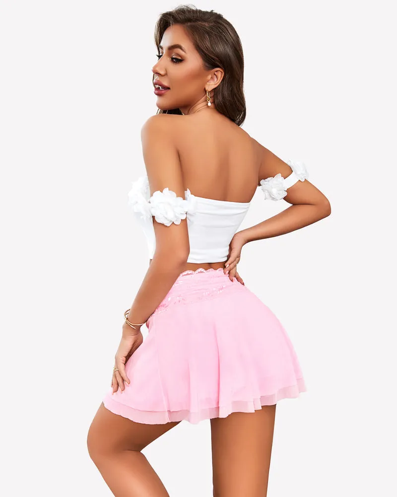 Pleated Skirt Lace Mesh Layered Ruffled Skirts
