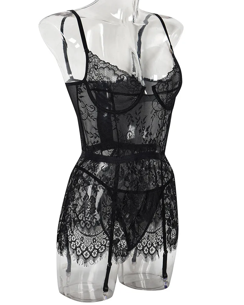 See Through Lace Night Dress with G-String