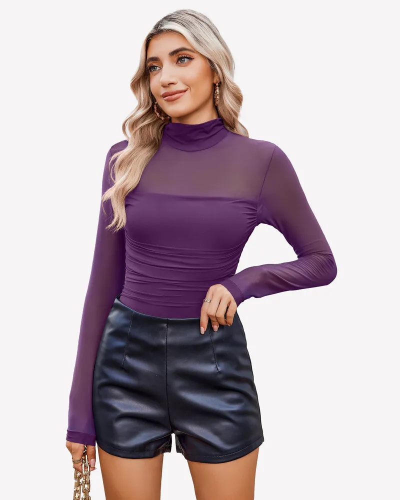 Turtle Neck Body Suits Mesh Leotard Shirt