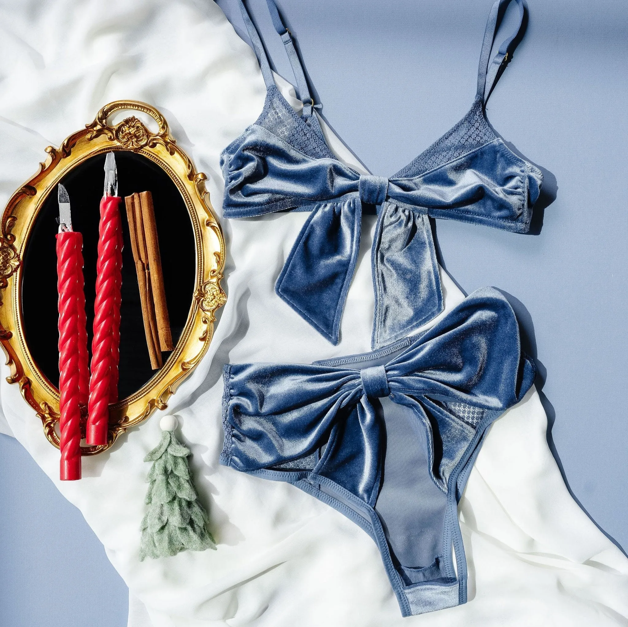 Velvet Bow Bralette - Winter Blue