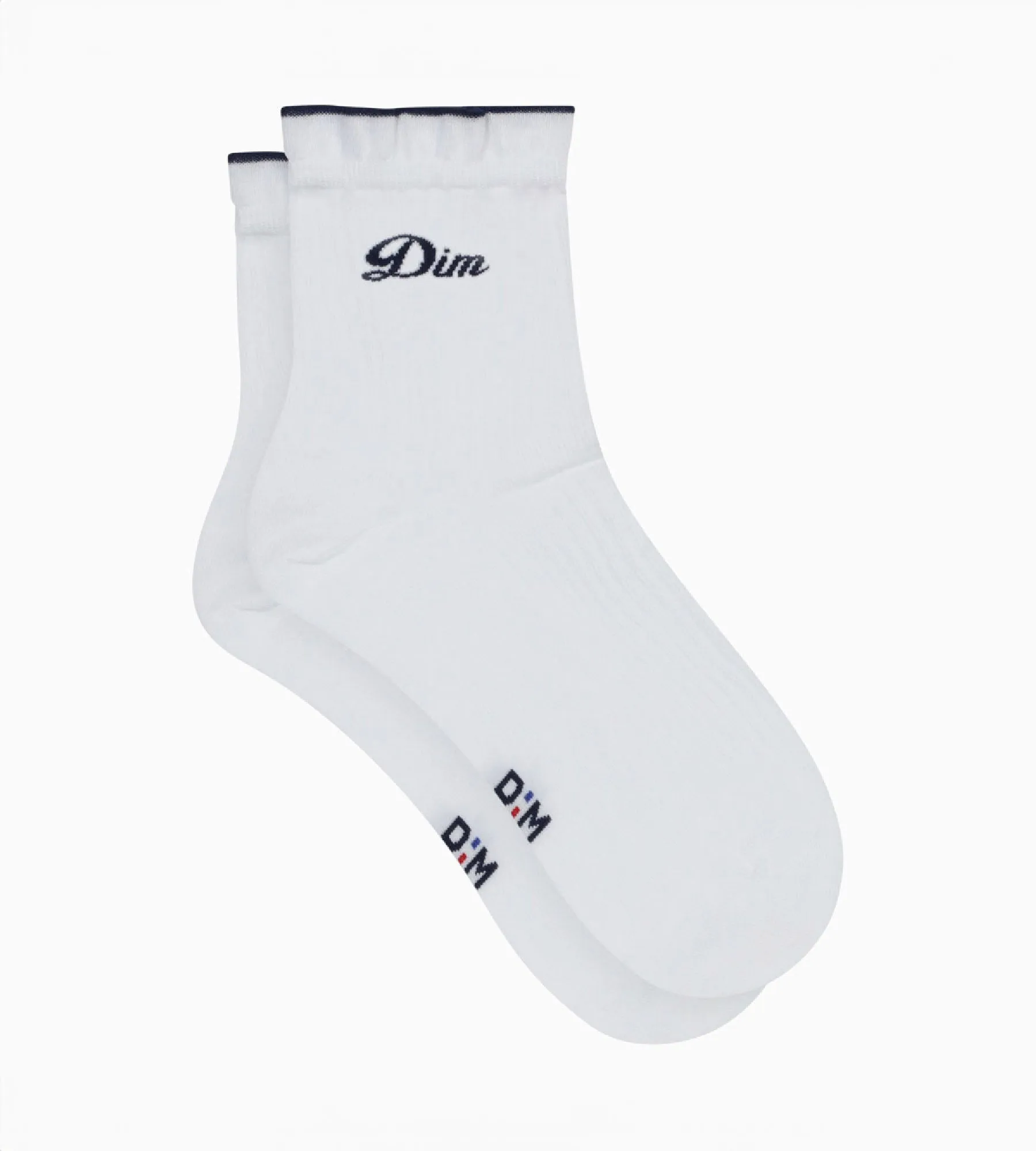 Women's white cotton ankle socks with Madame Dim's embroidered Dim signature